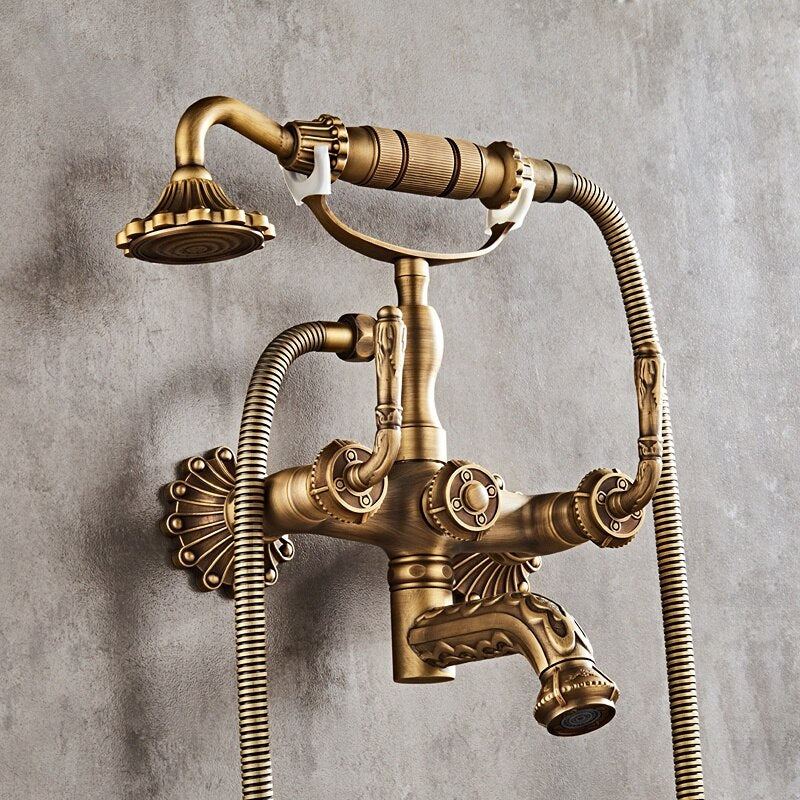 Antique Brass Bathtub Shower Faucets Set Wall Mounted Bath Shower Set Swivel Tub Spout Bath Shower Dual Control Carved Mixer Tap