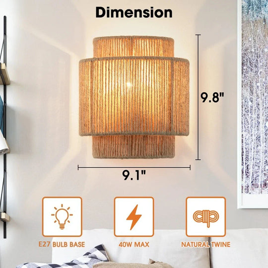 Boho Farmhouse Wall Sconce Hemp Rope Rattan Rustic Indoor Light