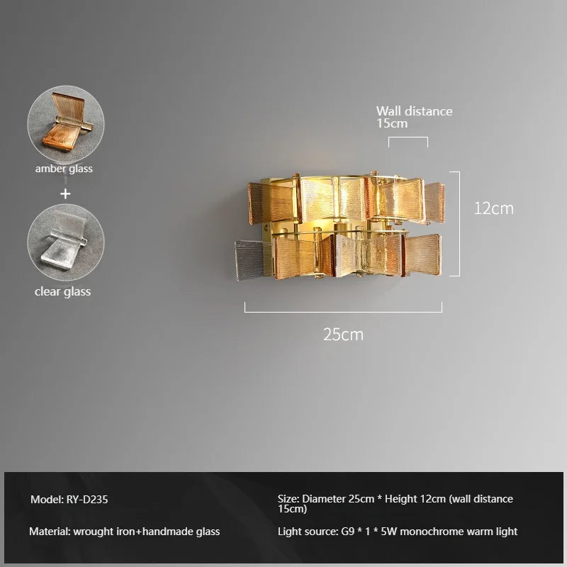 Simple Amber & Blue Glass Wall Lamp – High-End Decorative Bedside Light