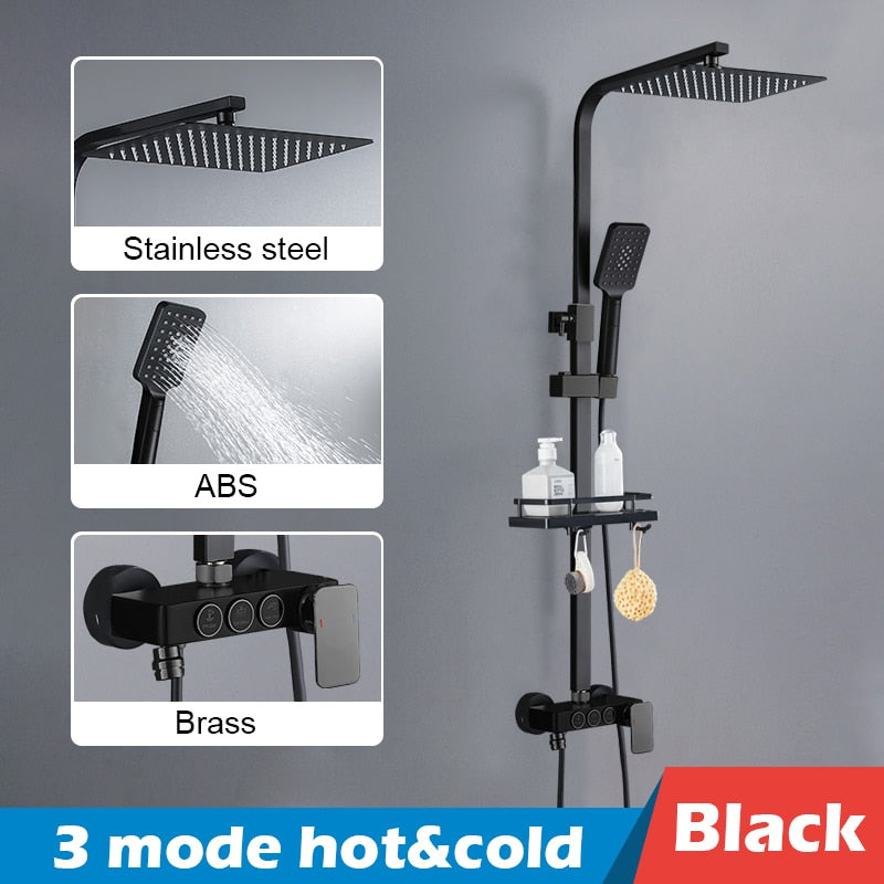 Bathroom Shower Set Black Gold Rain Shower Faucet Thermostatic Digital Display Shower Mixer Taps Copper Shower Systems for Bath