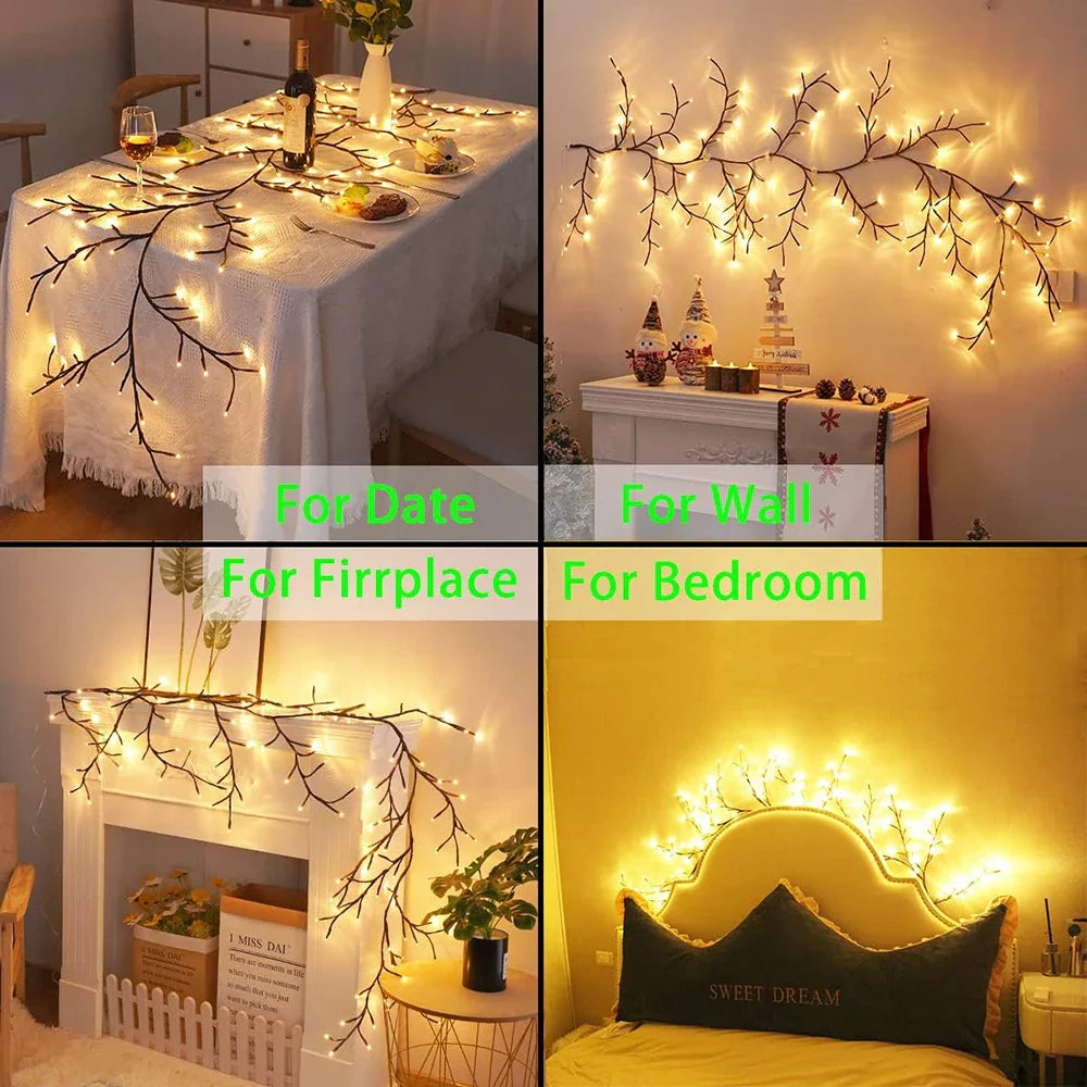 LED Tree Branch Vine Light USB Solar Fairy Lamp Christmas Decor
