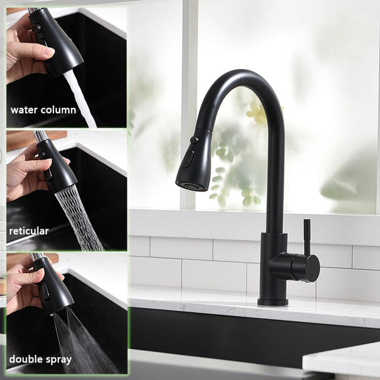 Pull Out Kitchen Sink Faucet With 3 Modes Water Outlet Spout 360 Degree Rotation Matte Black Kitchen Bar Water Mixer Tap