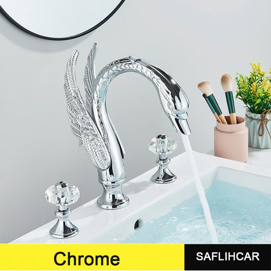 Gold Swan Bathroom Bathtub Faucet  with Double Crystal Handwheels Hot Cold Water Mixer Tap Basin Faucet Three-piece Set