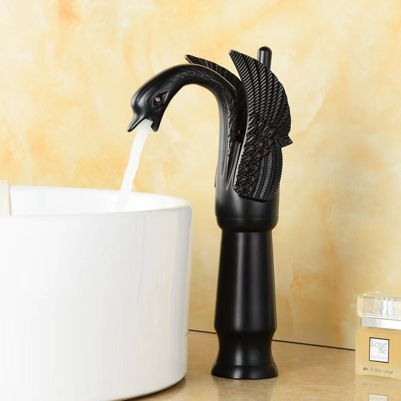 Luxury Bathroom Faucet Basin Faucet Vintage Full Copper Hot and Cold Water Swan Shaped Single Handle Bathroom Black Faucet