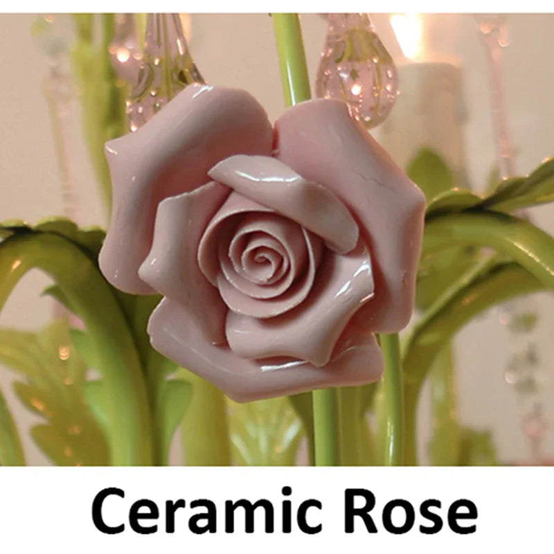 Green Country-Style Ceramic Rose Chandelier – French LED Crystal Pendant Light