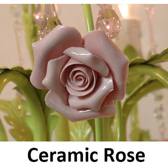 Green Country-Style Ceramic Rose Chandelier – French LED Crystal Pendant Light
