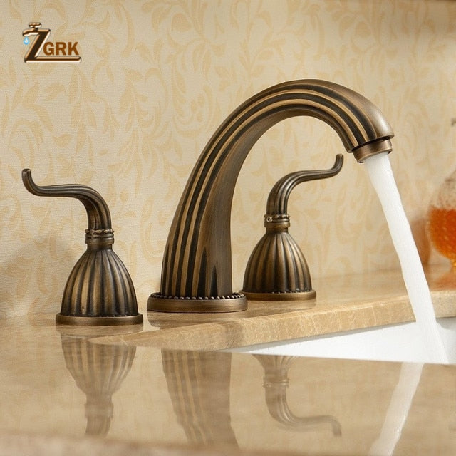 Antique Brass Finished Bathroom Bathtub Faucet Double Handles 3 pcs Basin Mixer Tap Gold Sink Faucet Bathroom Basin Faucet