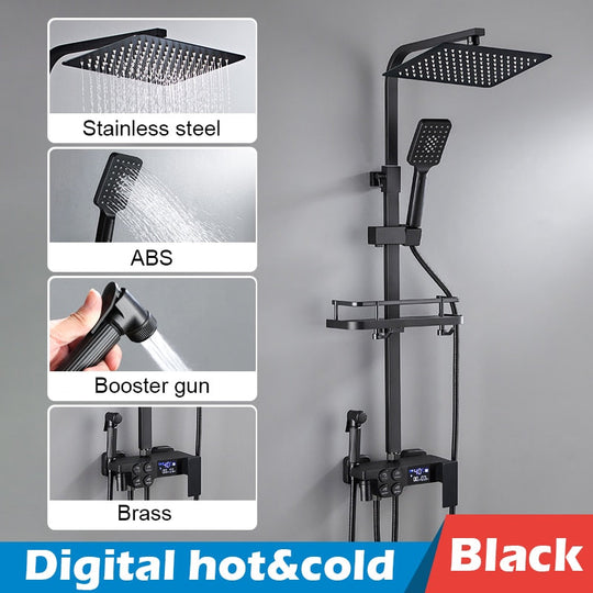 Bathroom Shower Set Black Gold Rain Shower Faucet Thermostatic Digital Display Shower Mixer Taps Copper Shower Systems for Bath