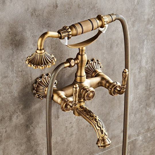 Antique Brass Bathtub Shower Faucets Set Wall Mounted Bath Shower Set Swivel Tub Spout Bath Shower Dual Control Carved Mixer Tap