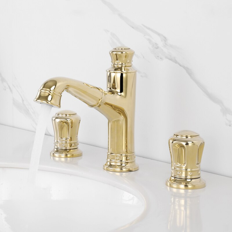 Pull Out Bathroom Sink Faucets Basin Faucet Mixer Gold Brass 3 Holes Double Handle Bathbasin Bathtub Tap Hot And Cold Water Taps