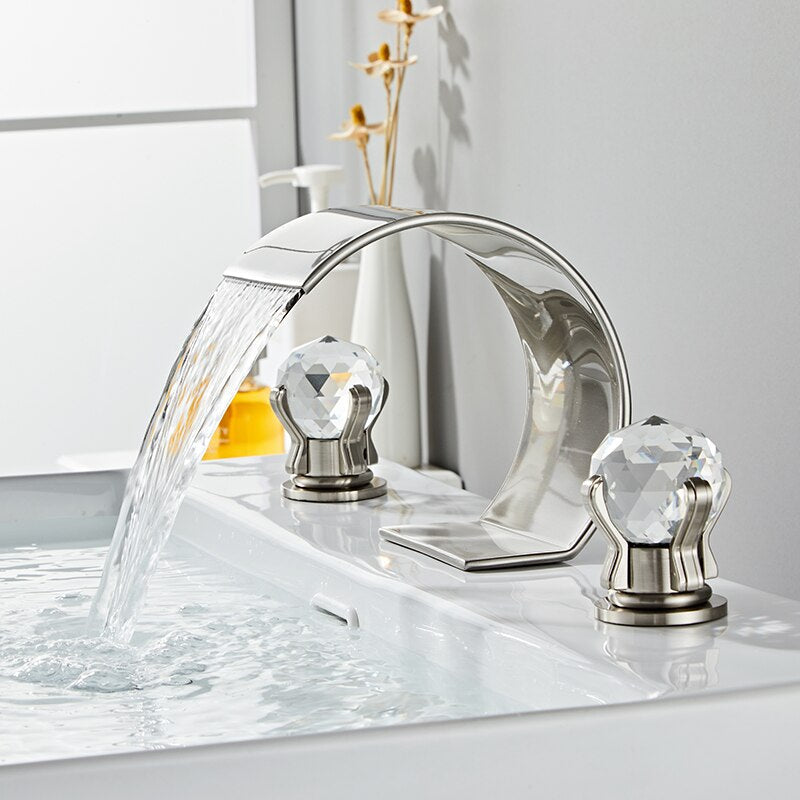 Bathroom Basin Faucet With Crystal Ball Switch Waterfall Basin Faucets Hot Cold Water Mixer Tap Set Dual Handle Control