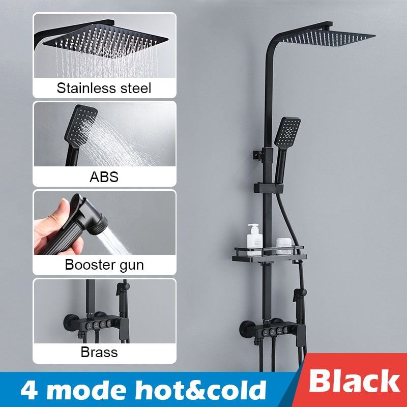 Bathroom Shower Set Black Gold Rain Shower Faucet Thermostatic Digital Display Shower Mixer Taps Copper Shower Systems for Bath