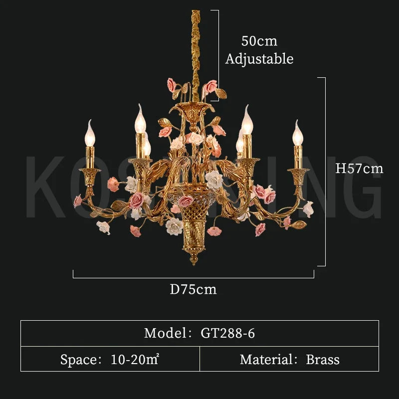 French Full Brass Ceramic Chandelier – European Vintage Luxury Pendant