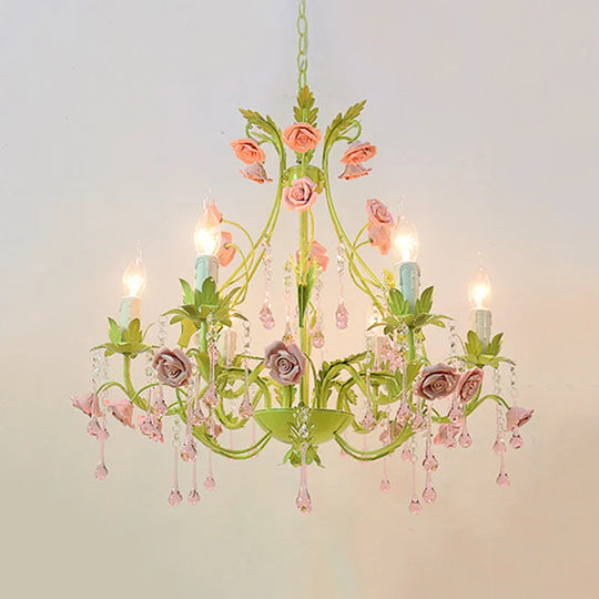 Green Country-Style Ceramic Rose Chandelier – French LED Crystal Pendant Light