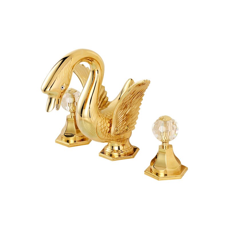 Basin Faucet Widespread Hot and Cold Swan Sink Faucet Crystal Handle Gold Solid Brass Basin Mixer