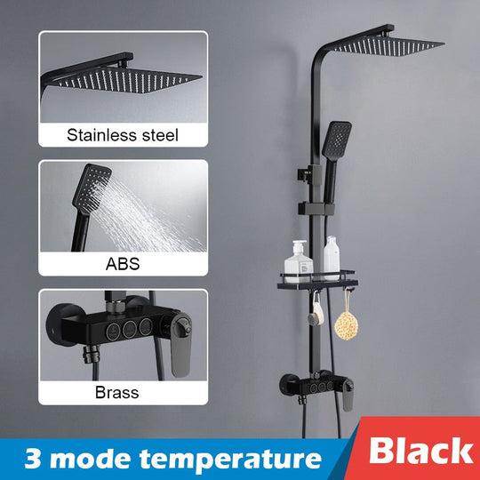 Bathroom Shower Set Black Gold Rain Shower Faucet Thermostatic Digital Display Shower Mixer Taps Copper Shower Systems for Bath