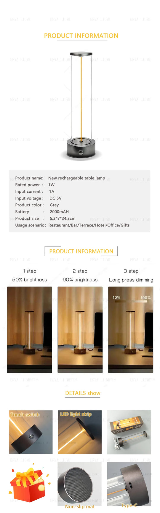 Modern USB Cordless Desk Lamp – 3-Level Touch Dimmable Nightstand Light with Large and Small Size Options