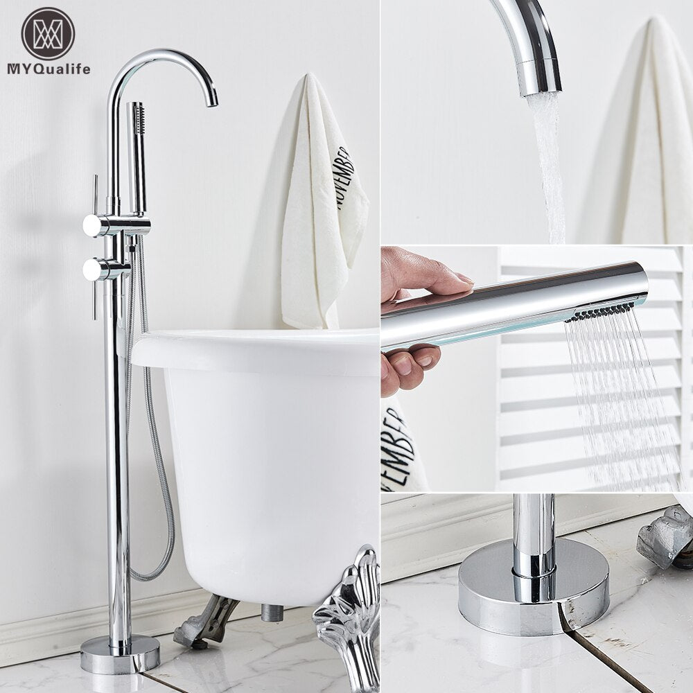 Floor Mounted Chrome Bath Tub Faucet Clawfoot Free Standing Bath Mixer Tap with Handshower Single Lever Bathtub Faucet