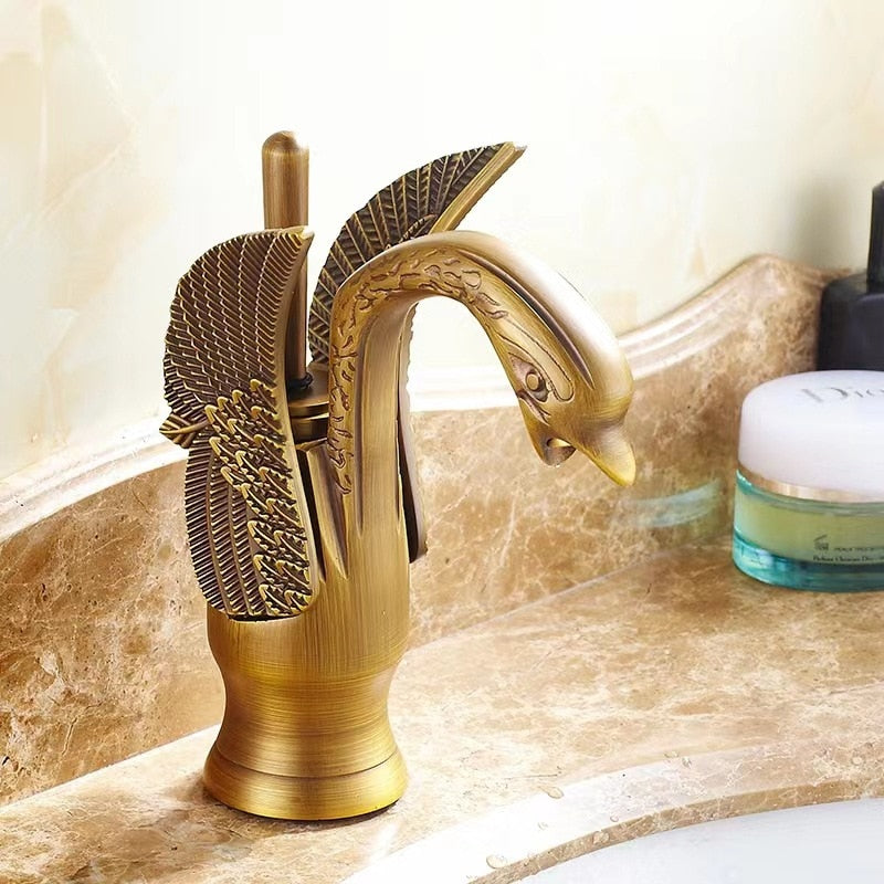 Luxury Bathroom Faucet Basin Faucet Vintage Full Copper Hot and Cold Water Swan Shaped Single Handle Bathroom Black Faucet