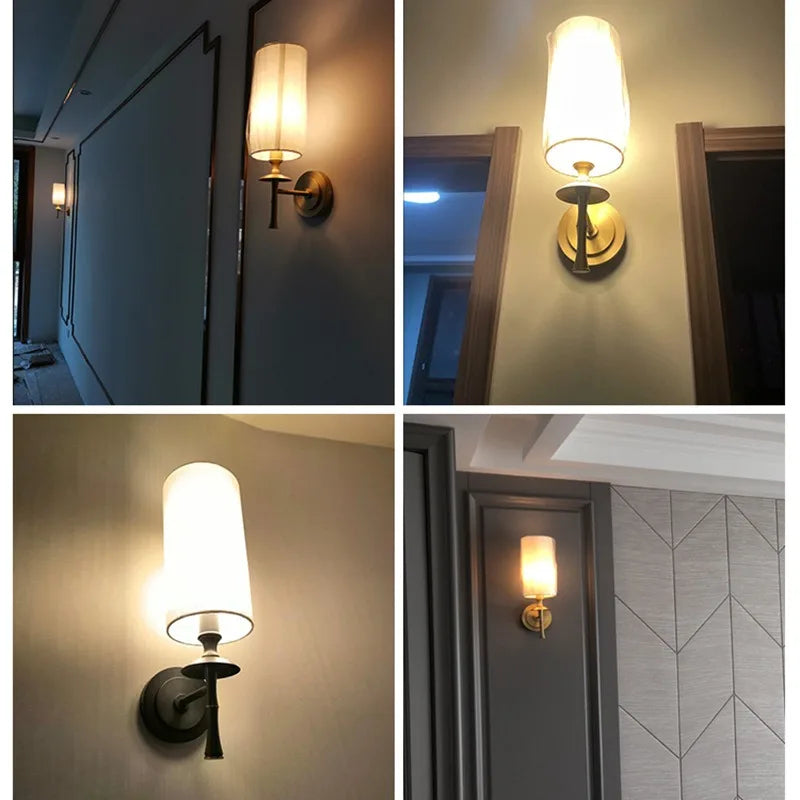 Retro Brass Wall Lamp Fabric Shade Corridor Staircase Bedside Light