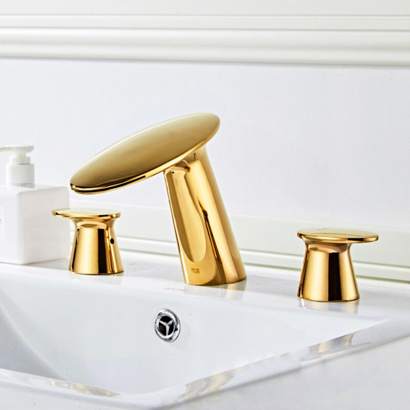 Basin Mixer Waterfll Faucet Bathroom Sink Faucets Brushed Gold Brass 3 Holes Double Handle Bathbasin Tap Hot And Cold Water Taps