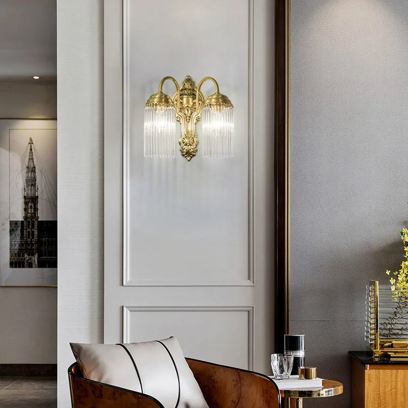 French Luxury Copper Wall Lamp Golden Crystal LED Sconce Light