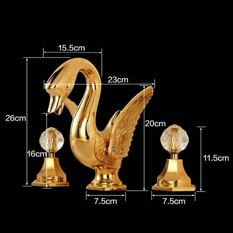 Basin Faucet Widespread Hot and Cold Swan Sink Faucet Crystal Handle Gold Solid Brass Basin Mixer