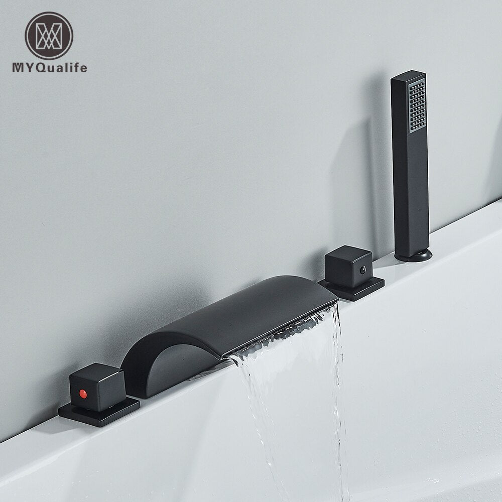 Black Brass Waterfall Bathtub Faucet Widespread Tub Sink Tap Three Handles Hot Cold Water Mixer Bathroom Shower Faucet