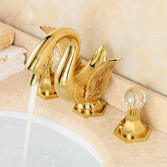 Basin Faucet Widespread Hot and Cold Swan Sink Faucet Crystal Handle Gold Solid Brass Basin Mixer