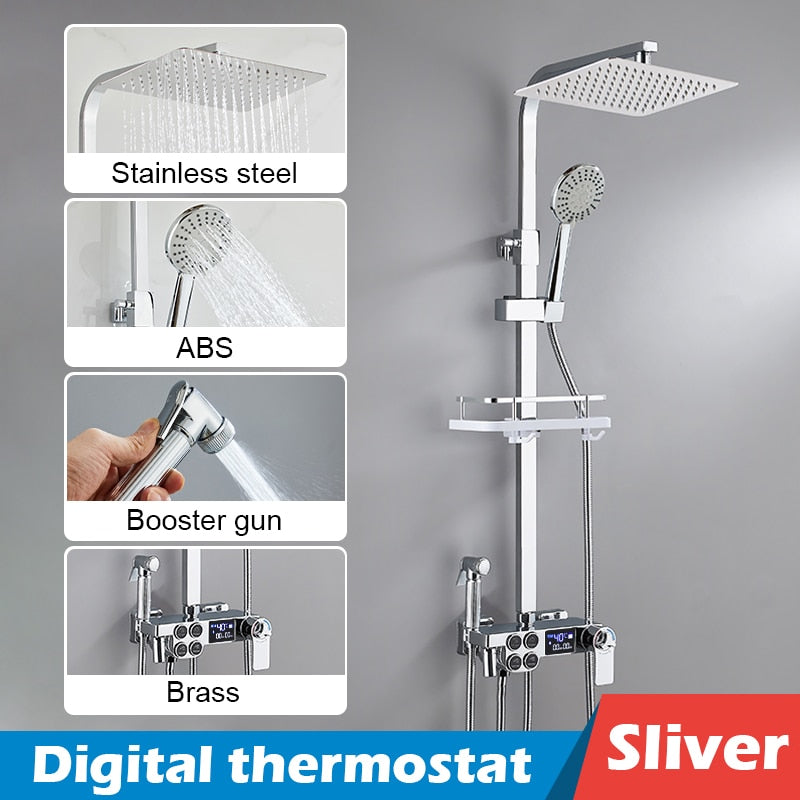 Bathroom Shower Set Black Gold Rain Shower Faucet Thermostatic Digital Display Shower Mixer Taps Copper Shower Systems for Bath