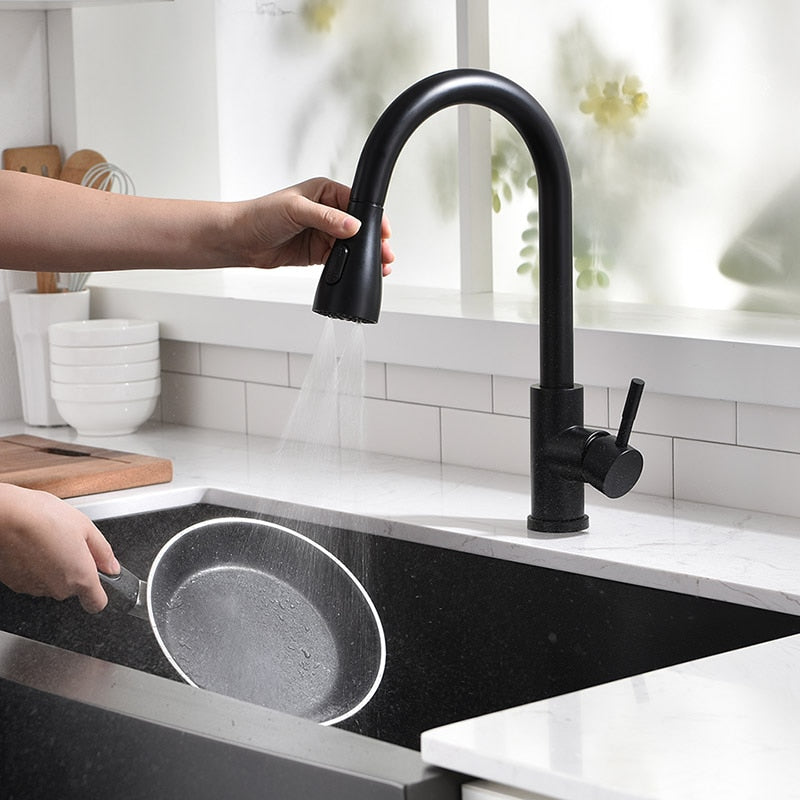 Pull Out Kitchen Sink Faucet With 3 Modes Water Outlet Spout 360 Degree Rotation Matte Black Kitchen Bar Water Mixer Tap