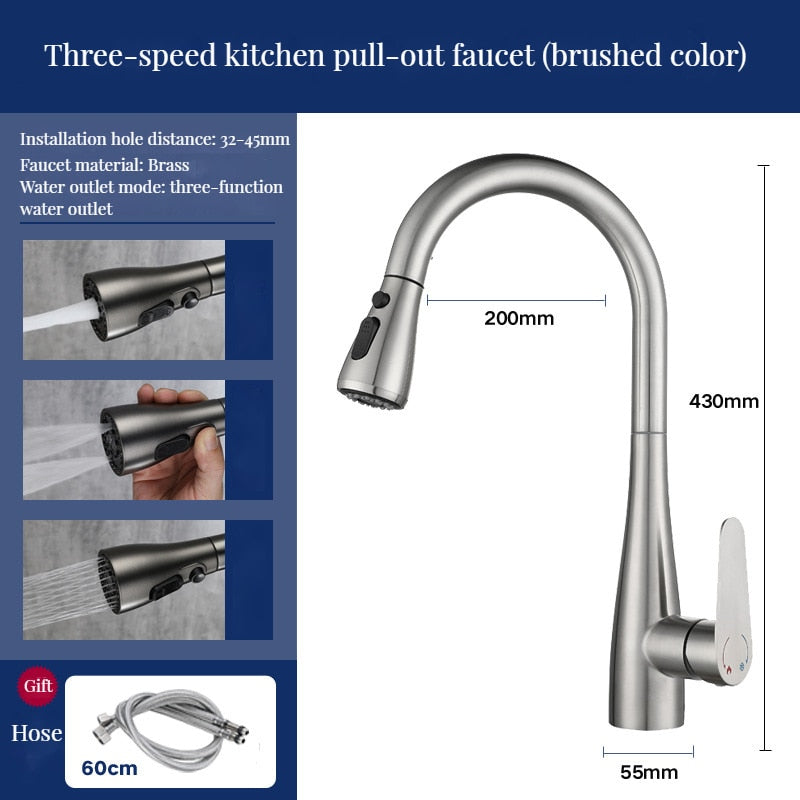 Brass Kitchen Faucets Pull Out Spout Kitchen Mixer Taps Hot Cold Water Accessories Deck Mounted Stream Sprayer Head Black