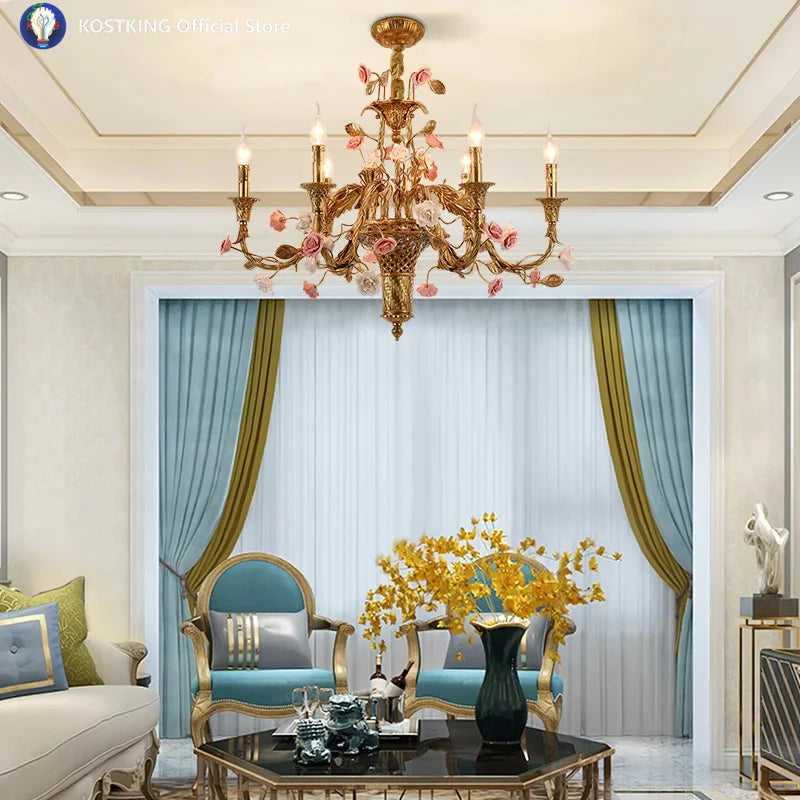 French Full Brass Ceramic Chandelier – European Vintage Luxury Pendant