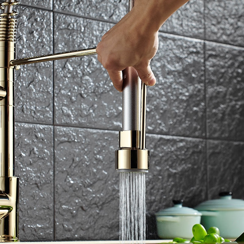 Pull Down Spring Kitchen Faucets Rose Gold Hot Cold Kitchen Sink Mixer Tap Deck Mounted Brass Black Kitchen Spring Faucet Taps