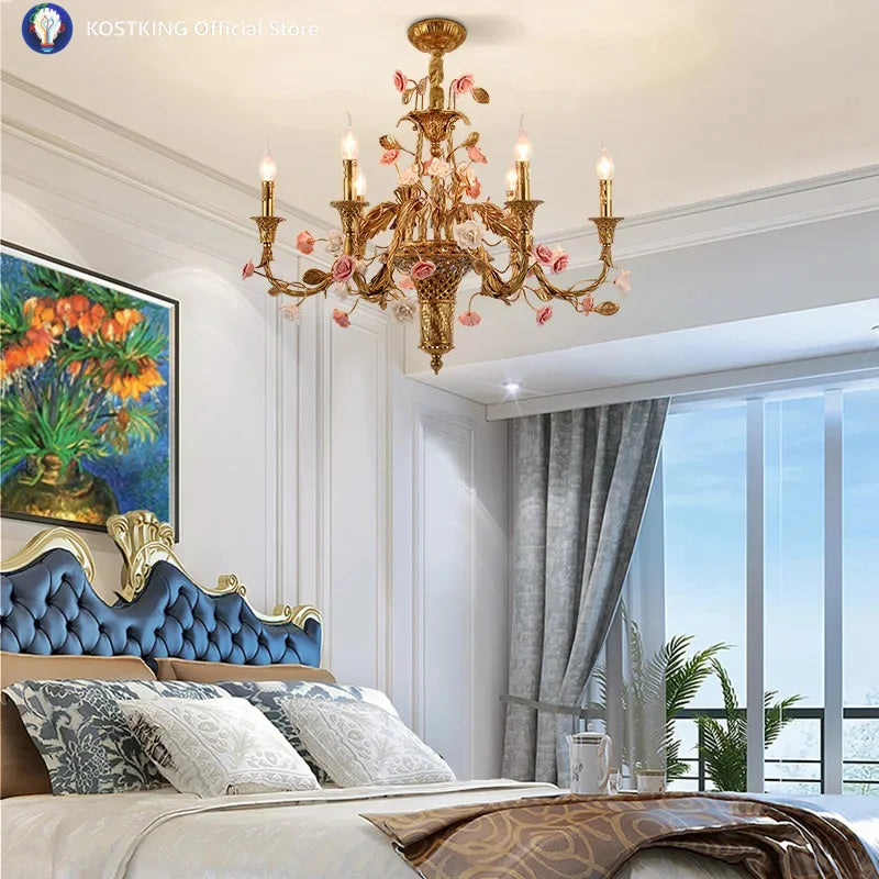 French Full Brass Ceramic Chandelier – European Vintage Luxury Pendant