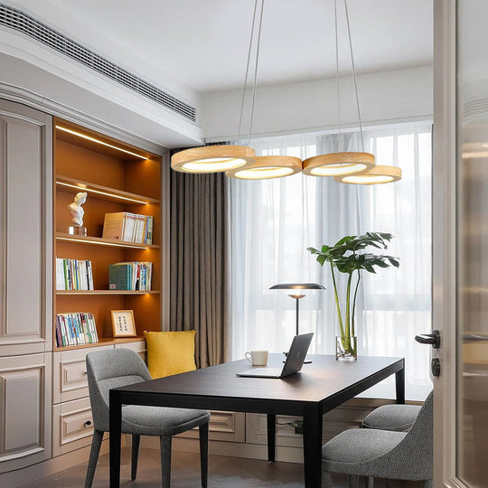 Rustic 4-Circle Wood LED Modern Chandelier