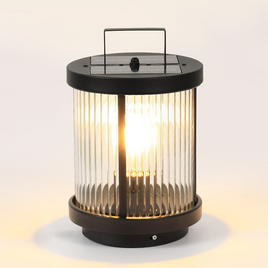 Striped Glass Cylindrical Waterproof Portable Solar Outdoor Lanterns