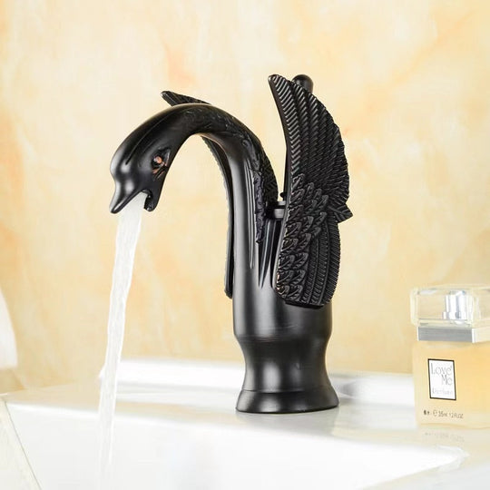 Luxury Bathroom Faucet Basin Faucet Vintage Full Copper Hot and Cold Water Swan Shaped Single Handle Bathroom Black Faucet