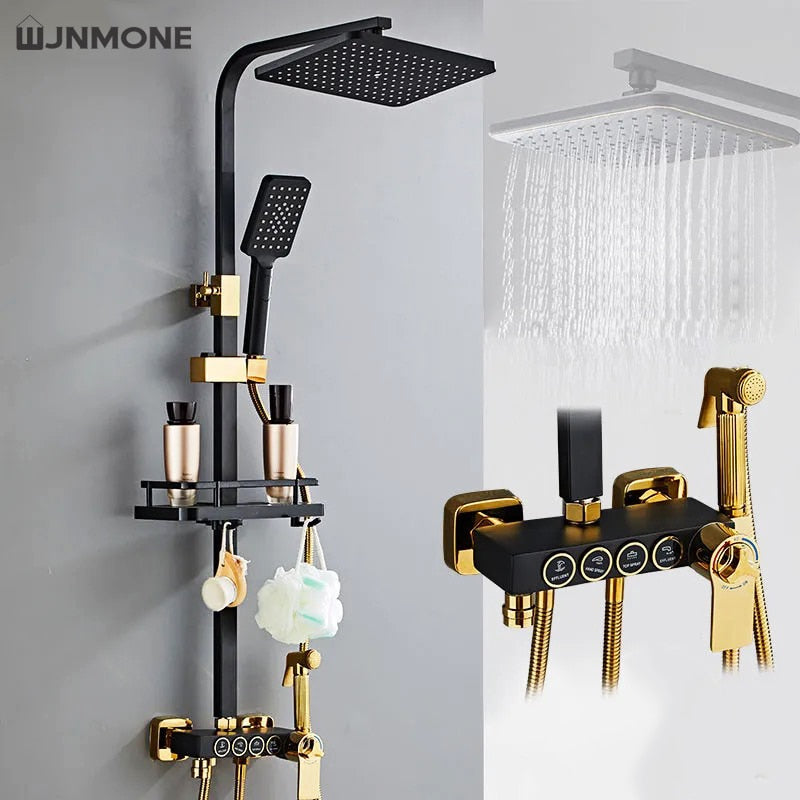 Bathroom Shower Set Black Gold Rain Shower Faucet Thermostatic Digital Display Shower Mixer Taps Copper Shower Systems for Bath