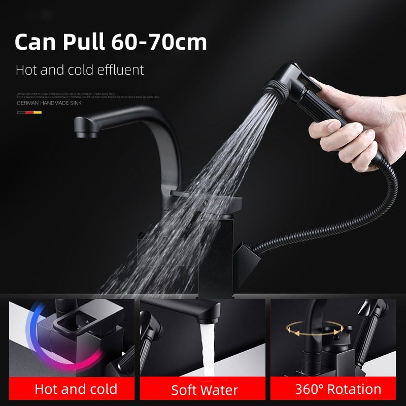 Stainless Steel Pull Out Kitchen Faucet Hot Cold Water Mixer Tap With High Pressure Sprayer 360 Rotating Deck Mounted