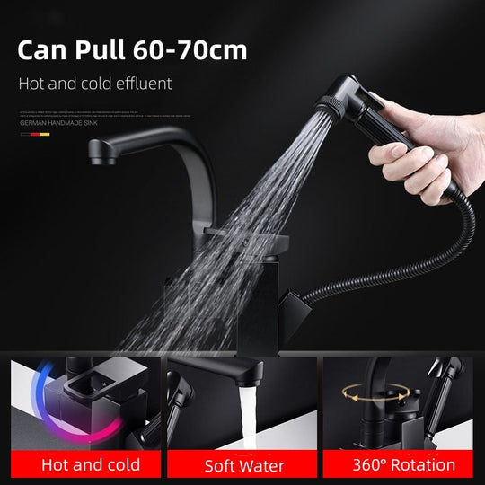 Stainless Steel Pull Out Kitchen Faucet Hot Cold Water Mixer Tap With High Pressure Sprayer 360 Rotating Deck Mounted