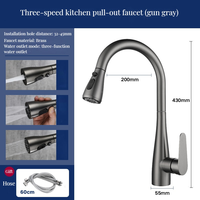 Brass Kitchen Faucets Pull Out Spout Kitchen Mixer Taps Hot Cold Water Accessories Deck Mounted Stream Sprayer Head Black