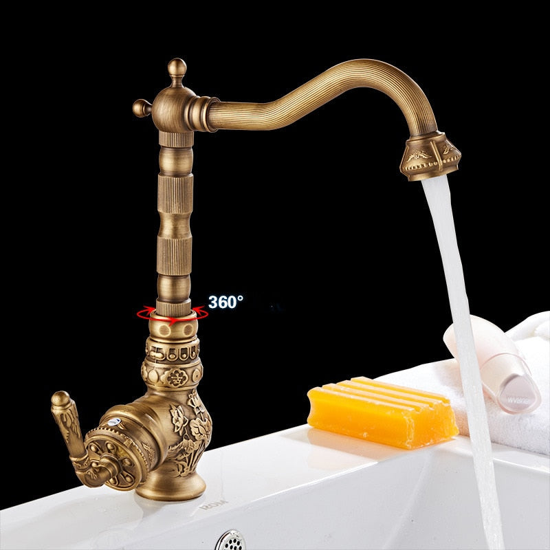 Kitchen Faucet Vintage Antique Hot Cold Rotating Bathroom Sink Faucet Carved Basin Mixer Tap Solid Brass Kitchen Mixer