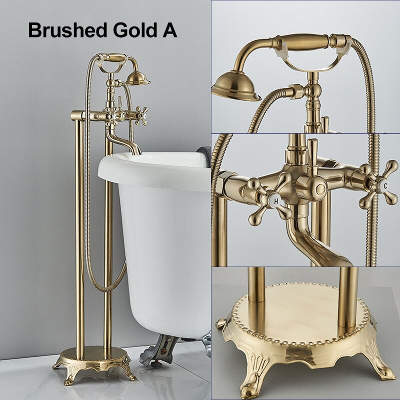 Gold Bathtub Shower Faucet Deck Mount Dual Tube Hot Cold Mixer Shower Systems with Rainfall Handheld Floor Stand Fuacets