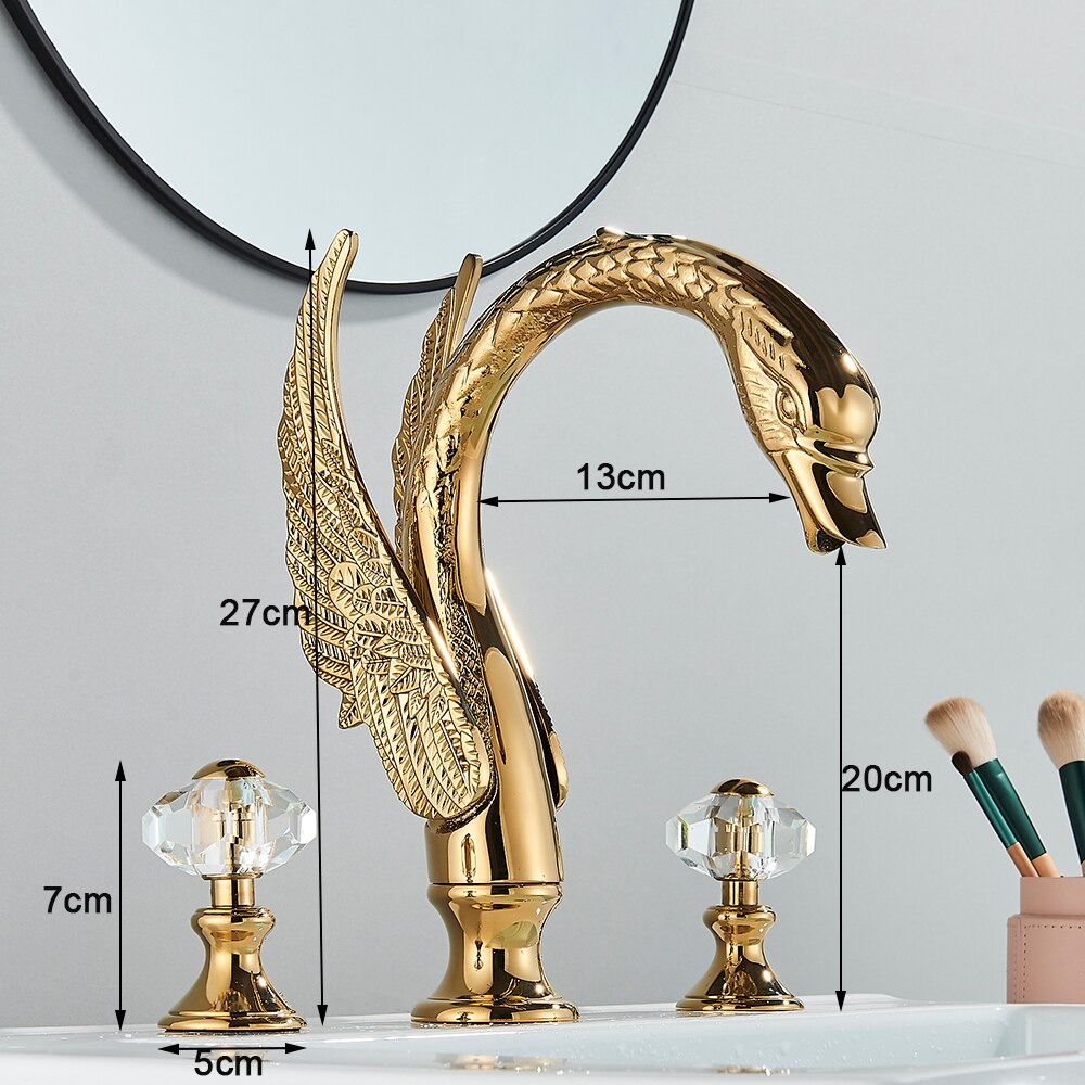 Gold Swan Bathroom Bathtub Faucet  with Double Crystal Handwheels Hot Cold Water Mixer Tap Basin Faucet Three-piece Set