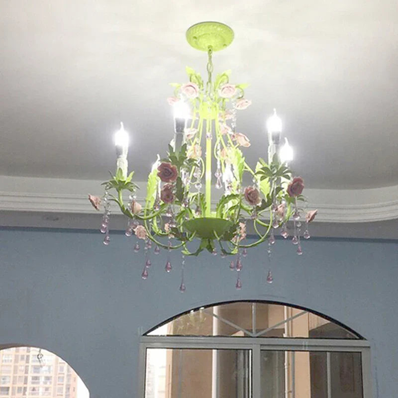 Green Country-Style Ceramic Rose Chandelier – French LED Crystal Pendant Light