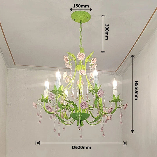 Green Country-Style Ceramic Rose Chandelier – French LED Crystal Pendant Light