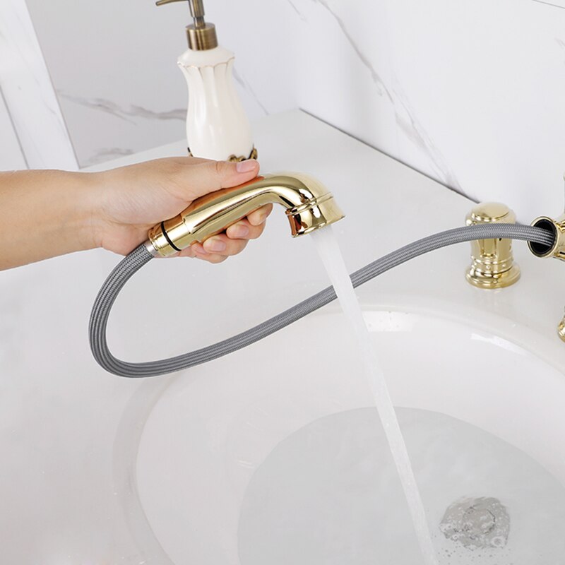 Pull Out Bathroom Sink Faucets Basin Faucet Mixer Gold Brass 3 Holes Double Handle Bathbasin Bathtub Tap Hot And Cold Water Taps