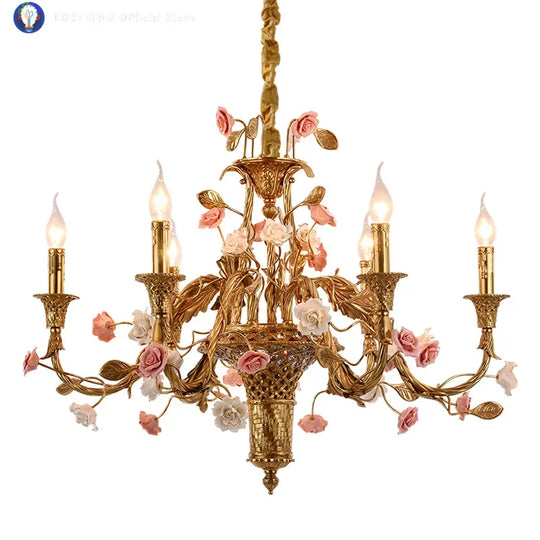French Full Brass Ceramic Chandelier – European Vintage Luxury Pendant