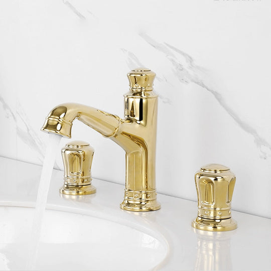 Pull Out Bathroom Sink Faucets Basin Faucet Mixer Gold Brass 3 Holes Double Handle Bathbasin Bathtub Tap Hot And Cold Water Taps